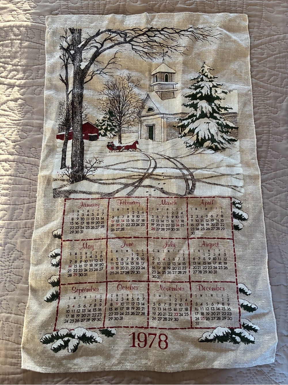 Vintage 1978 Linen Calendar Tea Towel Winter Scene Farmhouse Decor